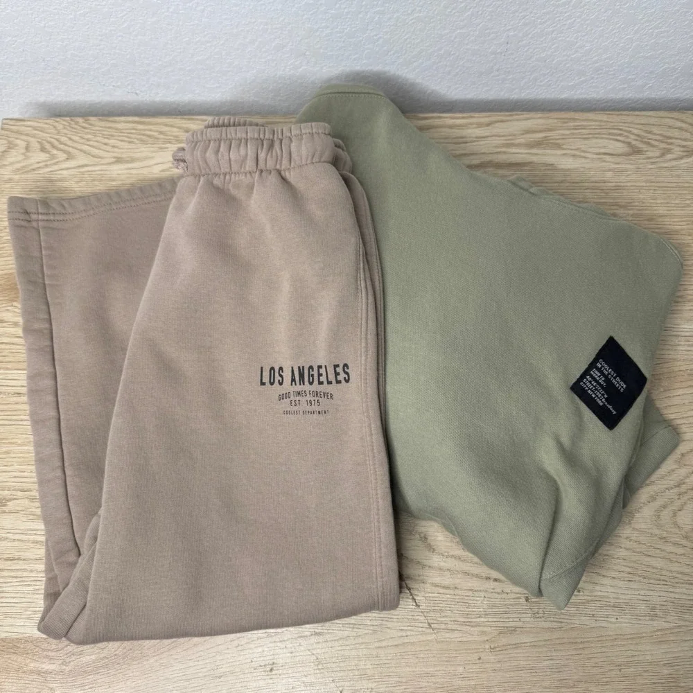 Zara Boys 2 Piece Set Green Hoodie Tan Los Angeles Wide Leg Sweatpants Size 9/10